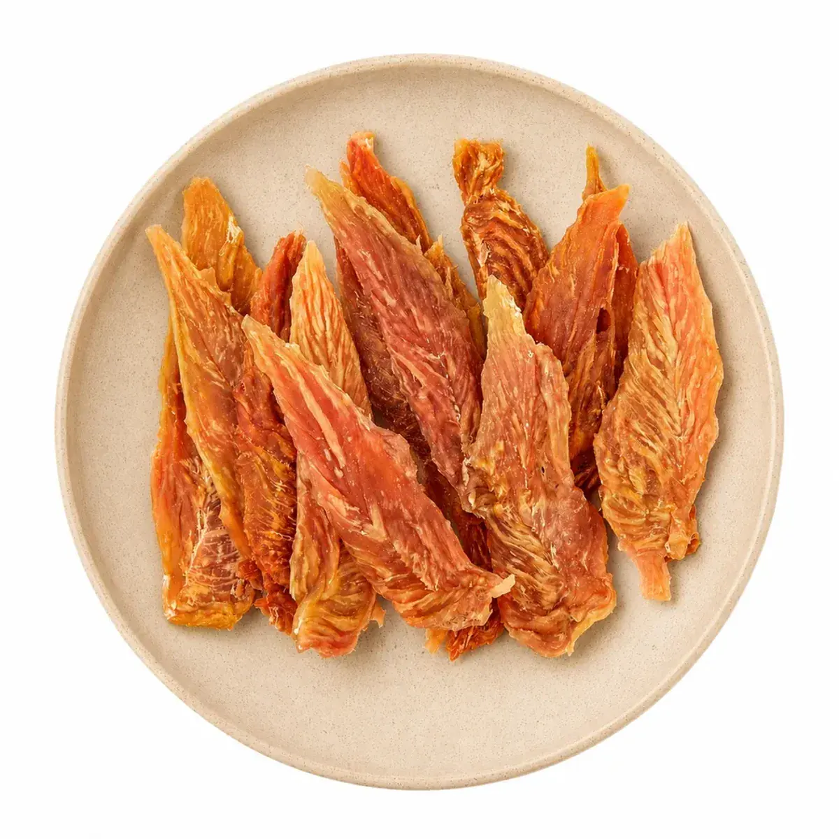 Treats Chicken breast jerky pet treats arranged on a ceramic plate