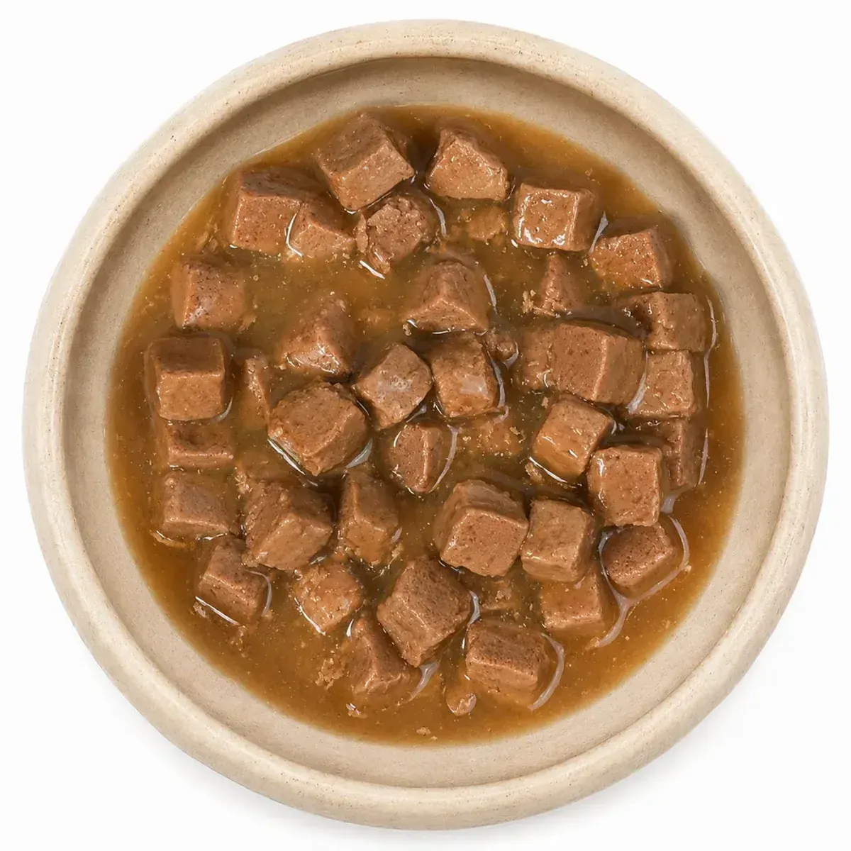 Wet Food Bowl of chicken chunks in gravy wet pet food photographed from above