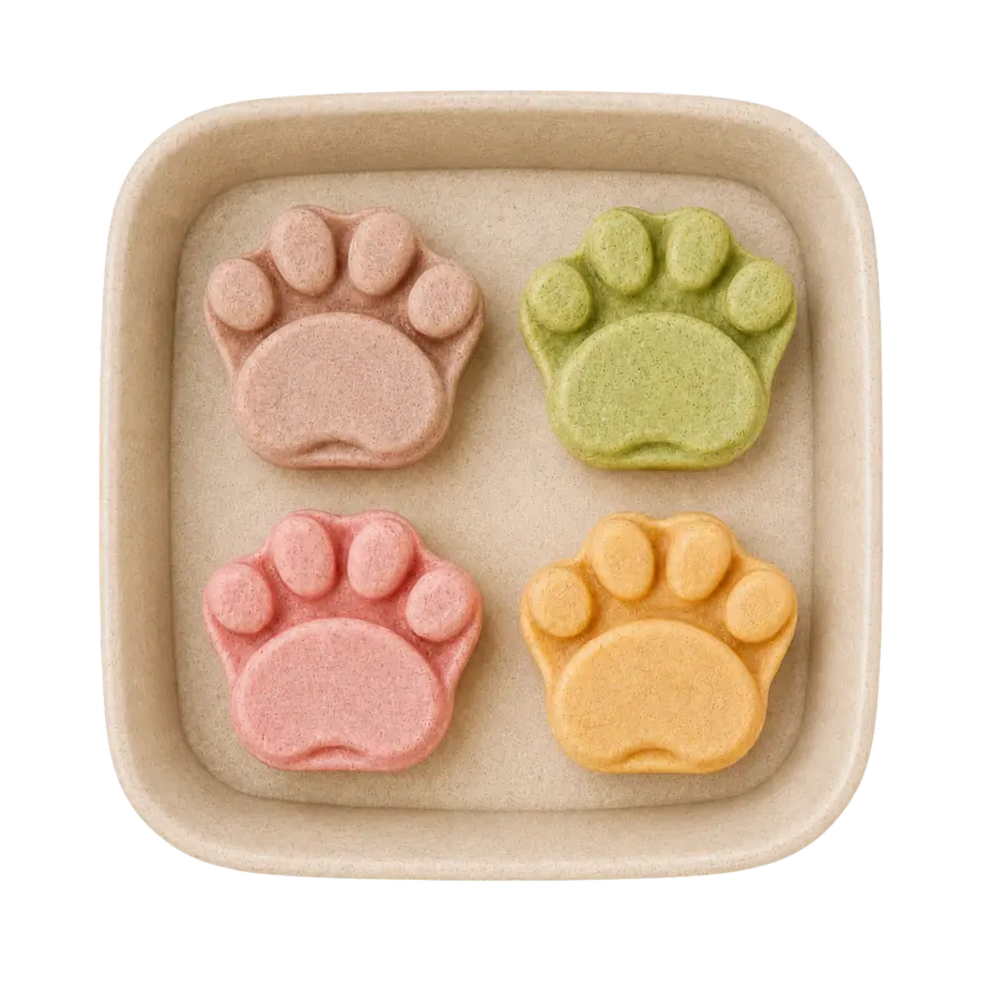 Freeze-Dried Paw-shaped freeze-dried pet food photographed from above